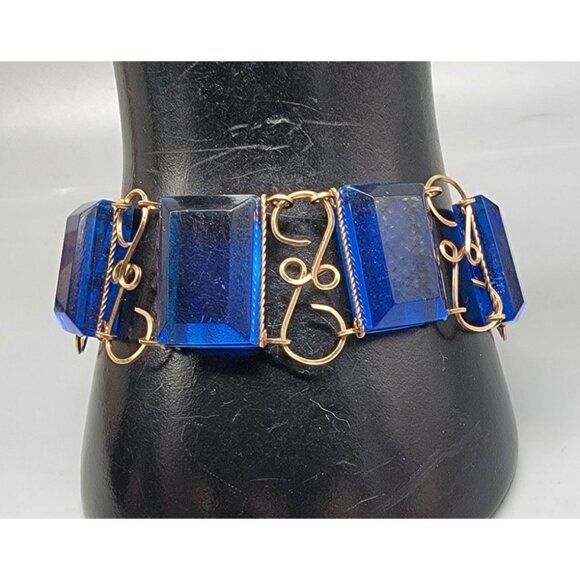 Artisan Blue Brick Bracelet Gold Plated Metal Work Links Hand Crafted Size 7 - Picture 1 of 12